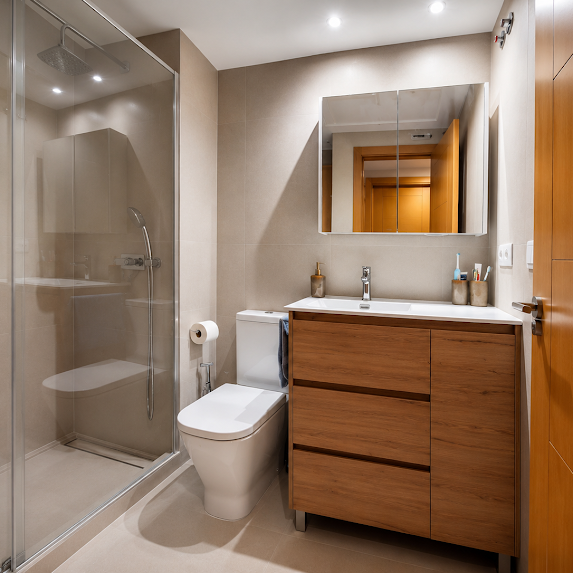 Baño con ducha de obra y mueble de madera natural